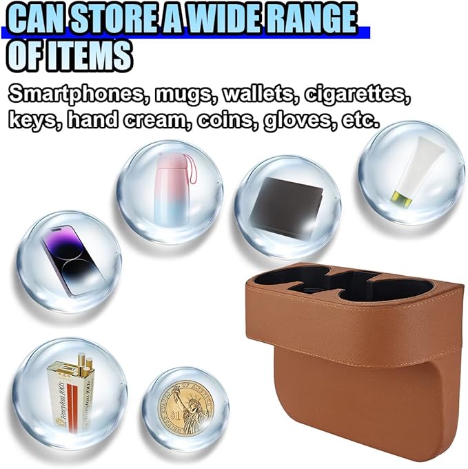 ZIMISI Car Cup Holder, PU Leather Auto Front Console Gap Filler Organizer, Multifunctional Cup Drink Holder, Car Seat Gap Filler Storage Box, Coin Bucket, Cell Mobile Phone Holder (Brown)