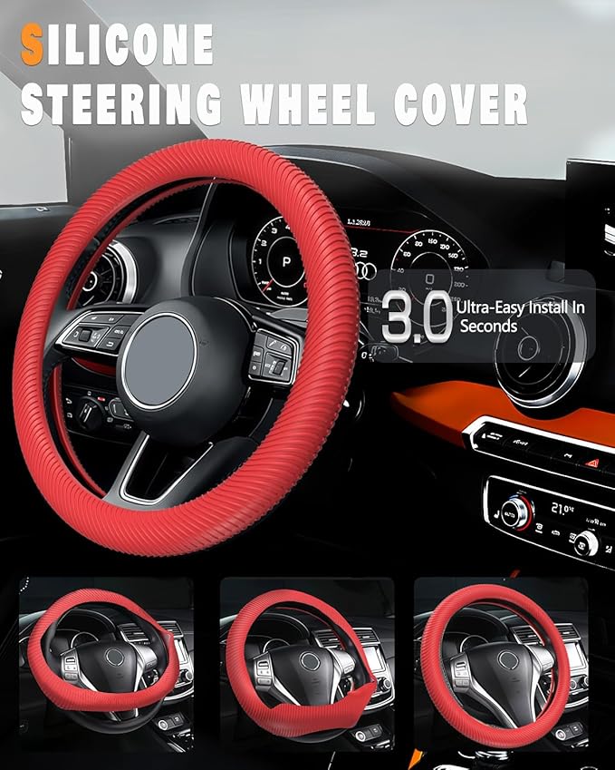 WOCOCN Car Steering Wheel Cover, Thin Anti-Skid Silicone Steering Wheel Cover for Men & Women, Universal Automotive Interior Accessories for Most Cars (Red)