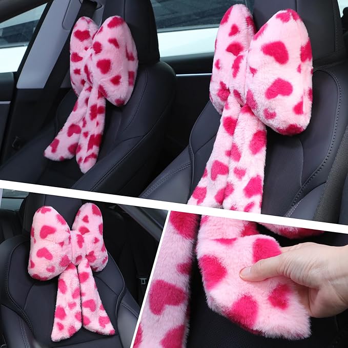 Macarrie 2 Pcs Car Neck Pillow Plush Butterfly Bow Car Headrest Pillow Comfortable Seat Neck Support Cute Head Rest Accessories for Driving Travel Driver Chair Girl Style Interior Decor(Pink Heart)