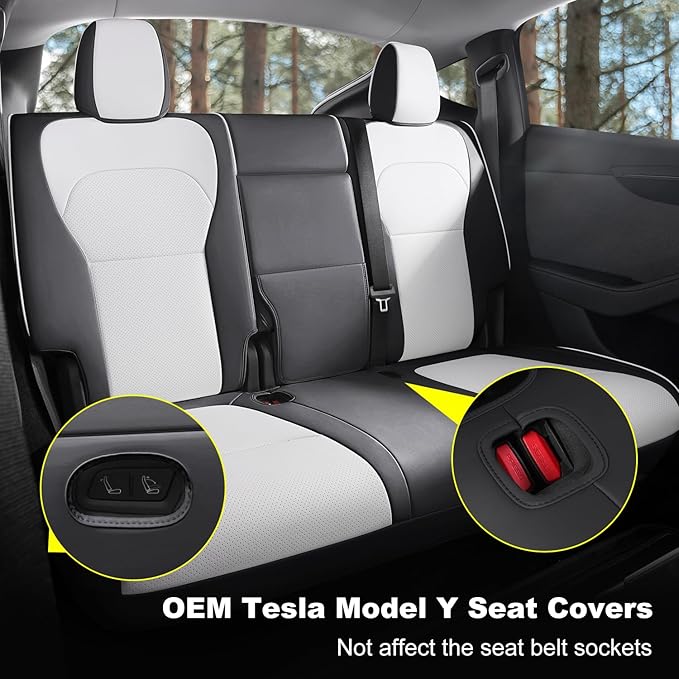 Nappa Leather Car Seat Covers Compatible with 2025–2026 Tesla Model Y Juniper, Black & White Two-Tone Design, Custom Fit Full Set, Airbag Compatible Car Interior Cushion Covers