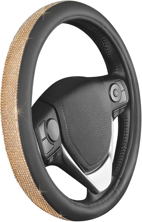 BDK Bling Bling Glitter Diamond Leather Steering Wheel Cover with 9 Rows Crystal Rhinestones, Universal Fit 14.5-15.5 Inch for Women/Girls (Bling Crystal Diamonds - Gold)