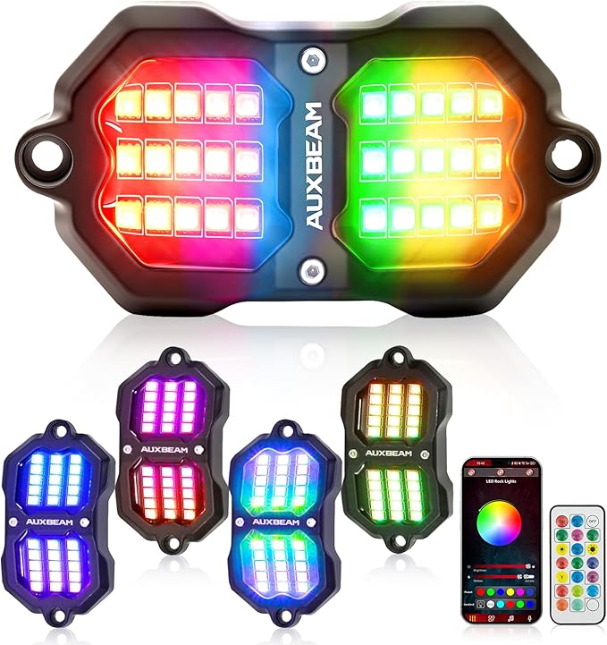 Auxbeam 4-Pod RGB LED Rock Lights with Brake Mode 213° Dual-Side Lighting Dynamic Color Changing Underglow Kit w/Bluetooth APP+Remote Control Music Voice Sync Waterproof for Truck ATV 1 Year Warranty
