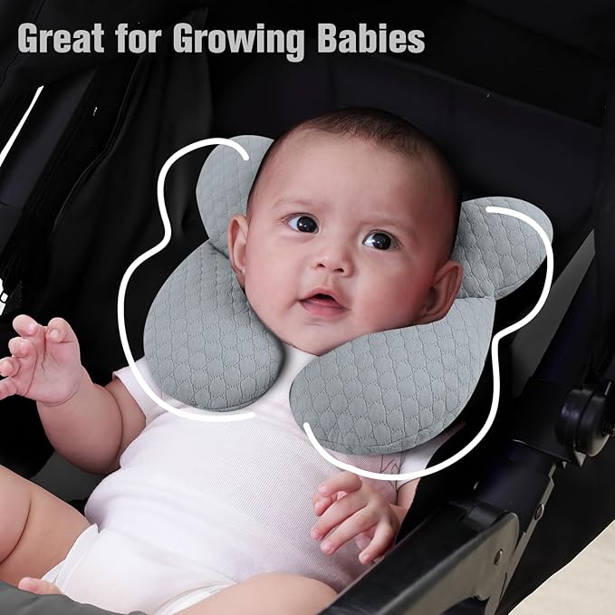 KAKIBLIN Baby Travel Pillow, Upgraded Baby Neck Pillows for Car Seat, Babies Support Pillow, Infant Neck Pillow for Head and Neck, Newborn Head Support for Car Seat,Stroller, Pushchair (Light Grey)