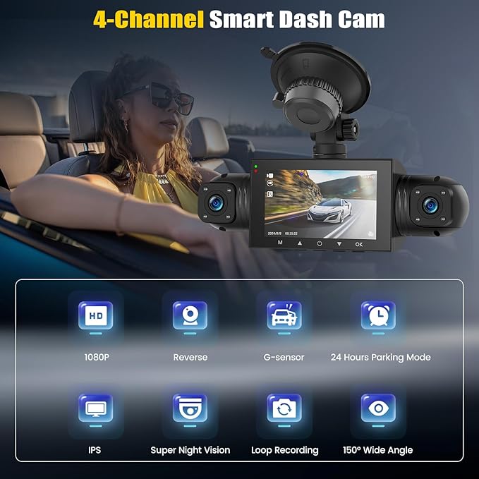4 Channel 360° Dash Cam Front and Rear Inside Left Right,3 Inch 1080P Dash Camera for Cars Car Camera with IR Night Vision,Loop Recording,G-Sensor,Parking Assistance,24H Parking Monitor