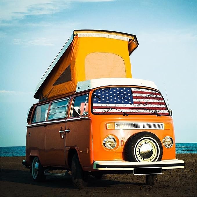 Retro American Flag Car Windshield Sun Shade Umbrella Foldable America Patriot Sunshade for Front Window Auto Windshield Sunshade Covers USA Car Accessories Protect from Sun Rays Heat 57'' X 30''