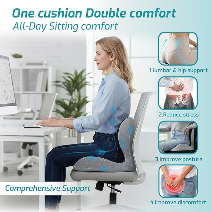 Ergonomic Seat Cushion,Office Chair Cushion with Lumbar Support Pillow,Car Orthopedic Seat Cushions,Designed for Sciatica,Tailbone,Back Pain Relief,for Office,Car,Truck,Home,Desk Chair