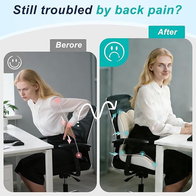 Seat Cushion for Office Chair and Car, Lumbar Support Pillow for Office Chair, Memory Foam Ergonomic Seat Cushion for Long Sitting, Back & Tailbone Pain, Sciatica - Beige & Gray