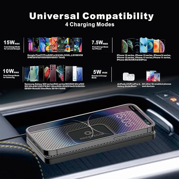 Wireless Car Charger Pad, REESTECQI 15W Wireless Charging Pad for Car Non Slip Phone Car Wireless Charger [40W Car Charger Included] for iPhone 17 16 15 14 13, AirPods 3/Pro 2, Samsung S26/S25/S24