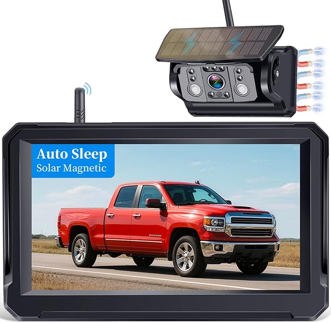 Wireless Backup Camera Solar for Truck: Magnetic Easy Install No Wiring Trailer Hitch Camera for Pickup Trucks - HD 1080P 5 Inch Split-Screen, IR Night Vision