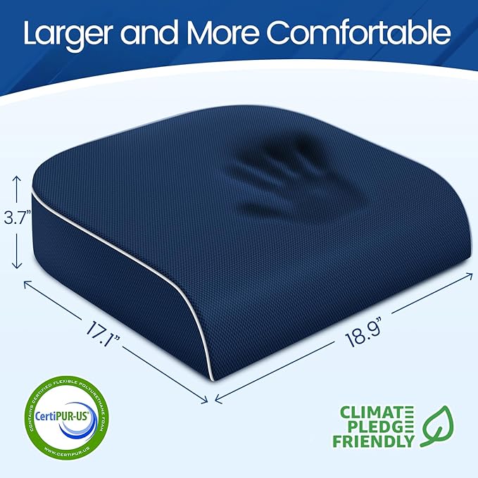 Seat Cushion for Tailbone Pain Relief, Office Chair Cushion, Memory Foam Large Chair Cushion with Non-Slip Cover for Soft Support at Office Chair, Car Seat, Airplane Drak Blue/2X-Large