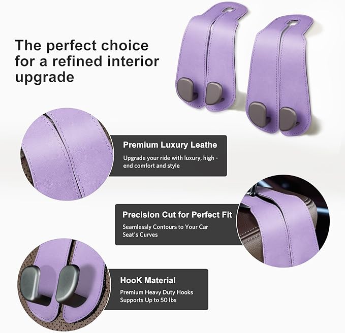CoBak Purse Hook for Car - Universal Premium Stitched Leather and Aluminum-Magnesium Alloy Double Car Seat Back Storage Hook for Purses, Handbags, Bags (2 Pack),Amethyst Purple