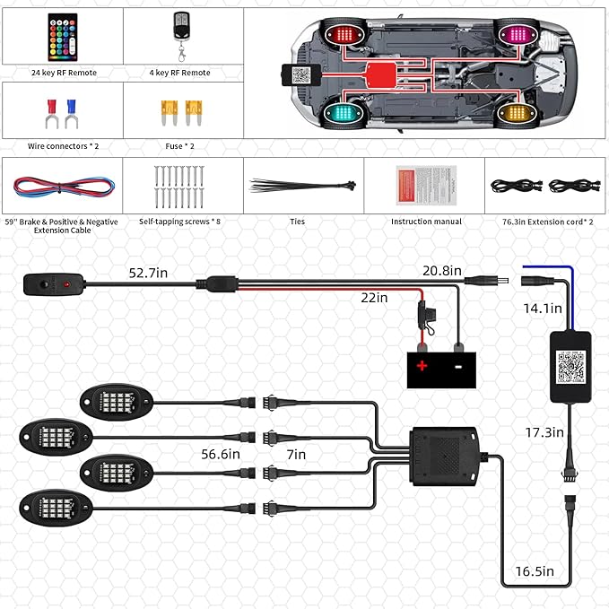 4 Pods Segmented RGB LED Rock Lights for ATV Golf Cart RZR SXS UTV Truck Pickup, Waterproof Multicolor Underglow Kit with APP/RF Remote Multi Zone Control Sync Music Mode Neon Underbody Lights 12V