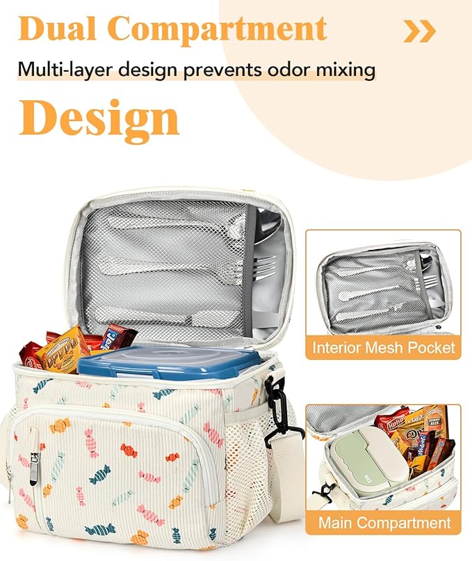 Insulated Lunch Bag for Men & Women, 9L Leakproof Lunch Box Soft Cooler Tote with 5 Pockets, 600D Oxford, EVA Lining, Adjustable Strap for Work, Picnic, Beach&Travel-Corduroy Colorful Candy