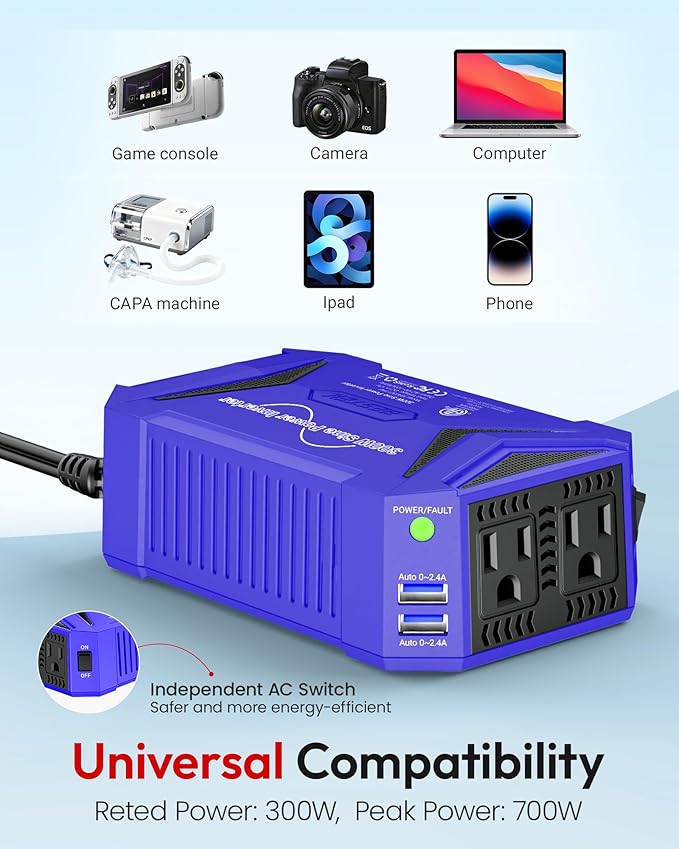 BESTEK Pure Sine Wave Power Inverter - 300W Car Plug in Charger Outlet DC 12V to 110V AC - Cigarette Lighter Adapter with 4.8A Dual USB Fast Charging Ports for Phone, Laptop, Tablet - Blue