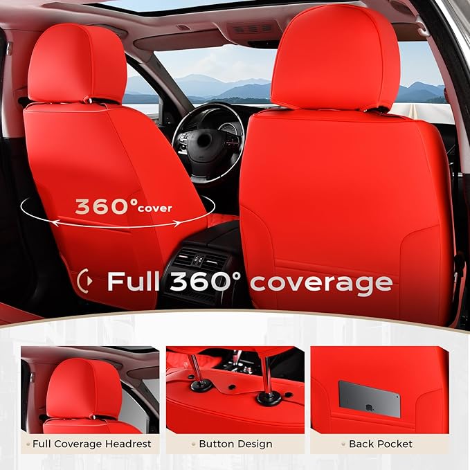 Coverado Full Set Car Seat Covers, 5-Seat Universal Faux Leather Waterproof Seat Covers, Front & Back Car Seat Protectors, Red Leather Seat Covers Fit for Most Vehicles-Red