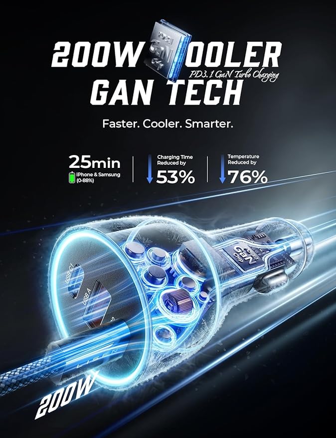 LISEN 200W Car Charger USB C Fast Charge [Gan] PD 140W Fast Car Charger USB C, 3 Port Type C Fast Charging for Multi Device, for iPhone 17 16 15 14 13 12, MacBook Neo, Laptop, iPad, Samsung S26 S25