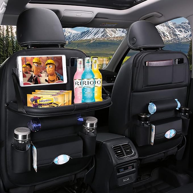 Car Back Seat Organizer with Foldable Table Tray, PU Leather Backseat Organizer for Kids Toddlers Travel, Car Kick Mats Seat Back Protector Storage Pocket with Touch Screen Tablet Holder