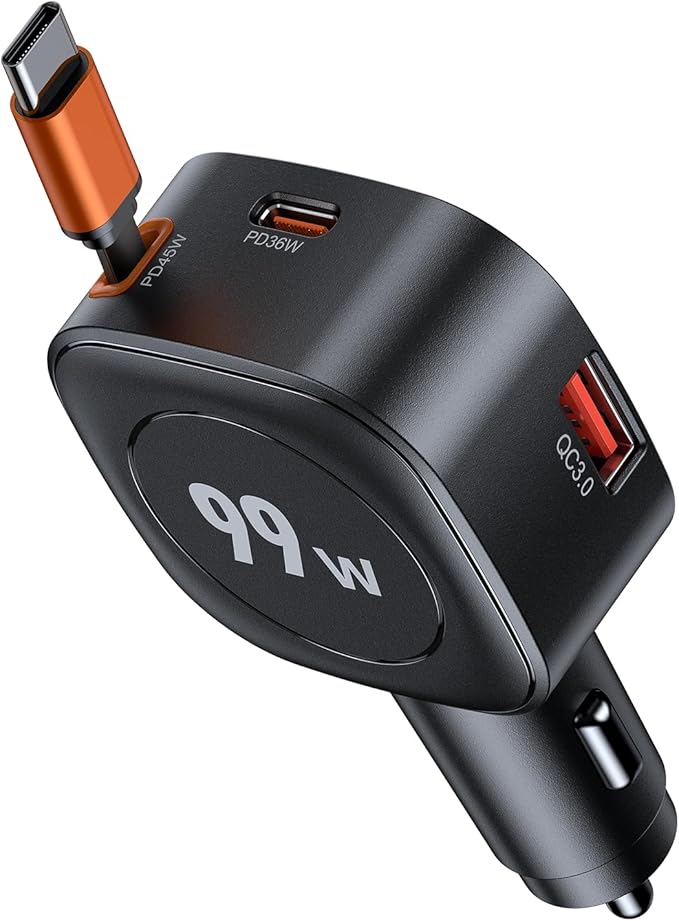 Retractable USB C Car Charger Fast Charging, 99W Car Phone Charger with Retractable Cable Dual Port PD & QC 3.0 12V/24V Car USB Adapter for iPhone 17/16/15 Pro Max, Samsung Galaxy S26, Android