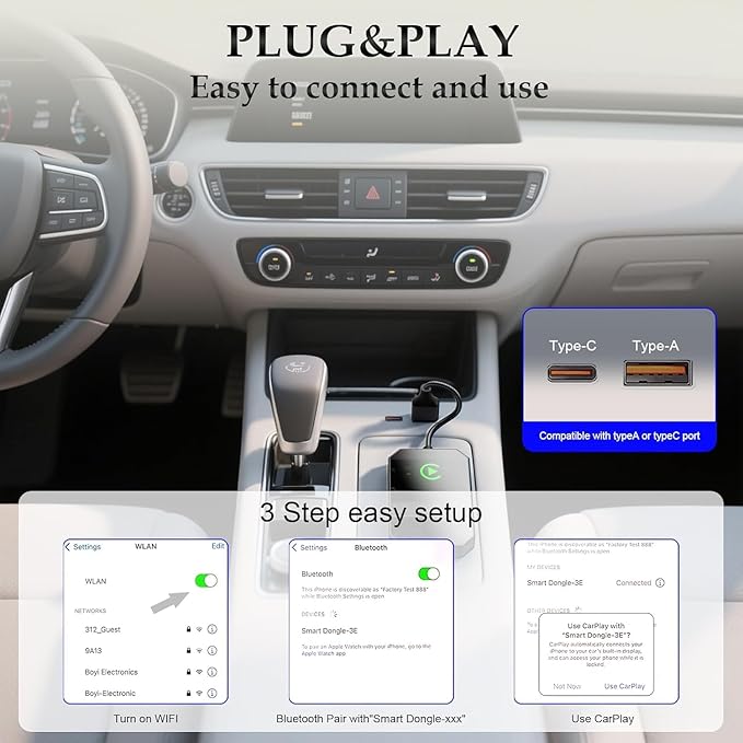 Wireless CarPlay Adapter for iPhone, Converts Factory Wired CarPlay to Wireless, Plug and Play Car Play Wireless Adapter, Auto Connect Dongle for Apple Car Play for Cars from 2016 and iOS 10+