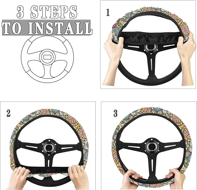 AFPANQZ Boho Floral Bright Blossoms Car Steering Wheel Covers for Womens Anti-Slip Comfortable Stretch-on Steering Wheel Protector Cover Sweat Absorption Cover Car Accessories