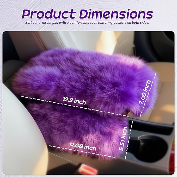 Fluffy Car Armrest Cover with Side Pockets – Plush Fuzzy Fur Center Console Armrest Cushion Pad, Universal Winter Car Interior Protector, Soft Arm Rest Cover with Storage for Women & Men (PURPLE)