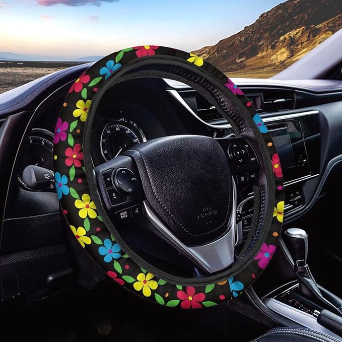 AFPANQZ Colorful Flowers Steering Wheel Covers 14-15" inch Universal Fit Most Car Sedans SUVs Comfort Grip Comfortable Handmade Neoprene Breathable Steering Wheel Protector