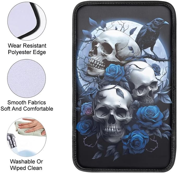Dreaweet Goth Car Accessories for Women Interior Blue Rose and Skull Arm Rest Cover for Car Truck SUV Center Console Cushion Pad Anti Slip Comfort Padded Armrest Cover