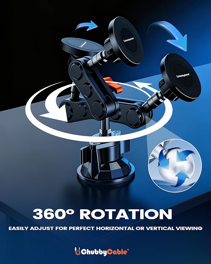 chubbycable ChubbyGrip Magnetic Car Phone Holder 360° Adjustable Car Phone Mount for Windshield, Ultra-Durable Metal Suction Cup Phone Mount for iPhone Samsung All Smartphone, Magnetic