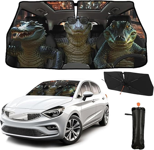 CHILL·TEK Funny Animal Car Windshield Sun Shade Umbrella, Funny Crocodile Car Sun Shade Umbrella, Block UV Rays Heat Foldable Windshield Umbrella Sun Visor Protector - Keep Vehicle Cool for Cars SUV