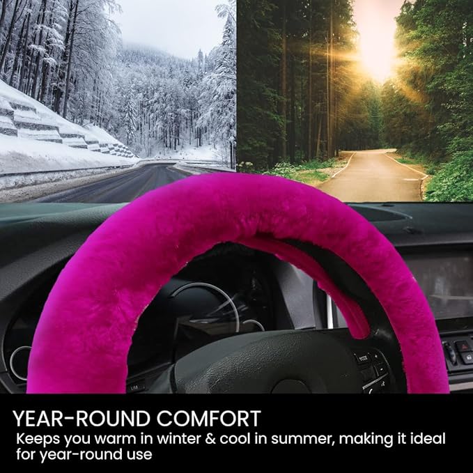 Andalus Brands Luxury Fluffy Car Steering Wheel Covers – Genuine Merino Sheepskin, Soft Fuzzy Car Steering Wheel Cover for Women, Universal 14.5-15" Size, Plush Fur Cute Auto Accessories, Hot Pink
