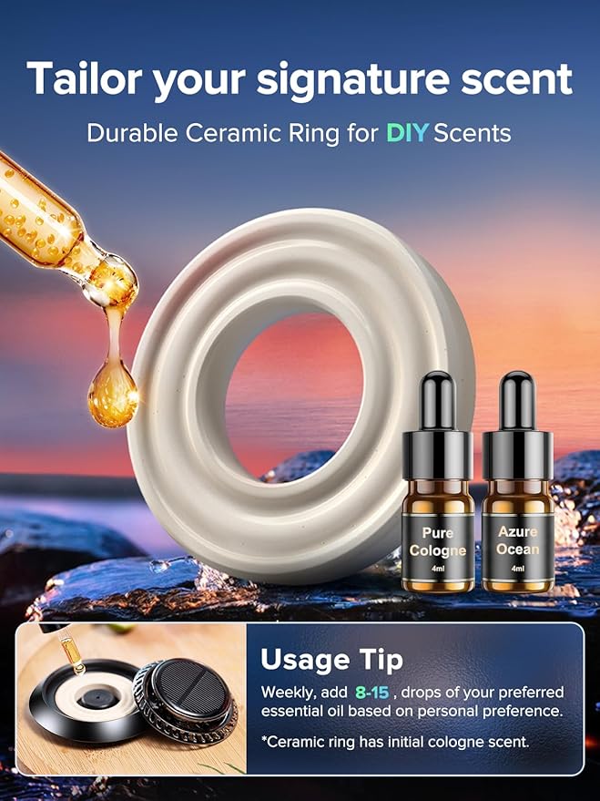 Ceeniu Solar Car Air Freshener F21, DIY Essential Oils, UFO Solar-Powered Auto Rotary Diffuser, Natural French Fragrance Cologne & Ocean, Two Oils, Aluminum Alloy, Dashboard Aromatherapy Freshener