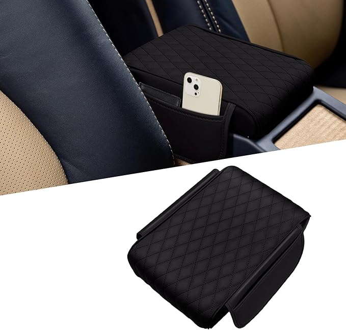 Car Center Console Cover, Napa Leather Car Armrest Cushion with Side Pockets, Memory Foam Auto Armrest Seat Box Mat, Universal Interior Armrest Protective Cover Accessories for Most Vehicle