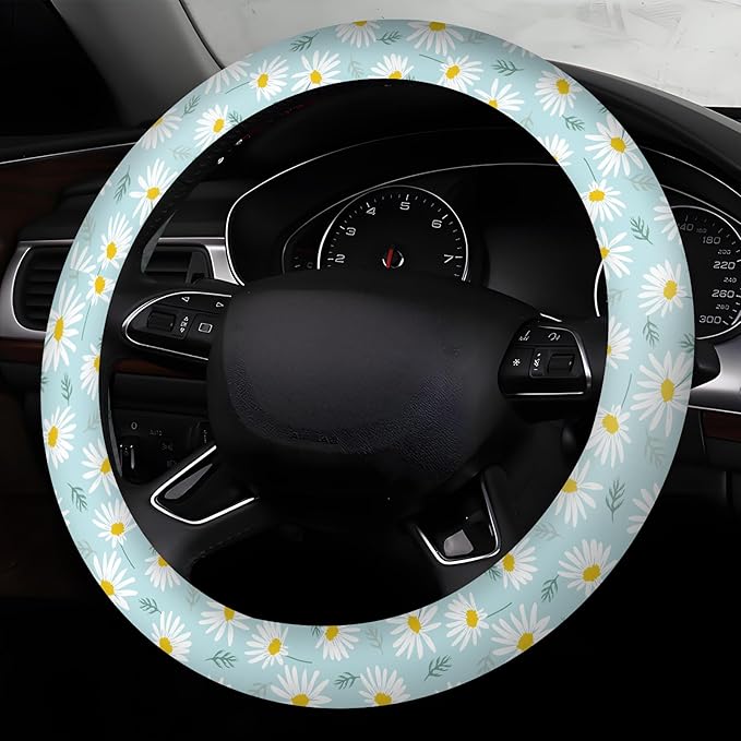 Car Steering Wheel Cover, Universal 15 Inch Neoprene Non-Slip Steering Wheel Covers, Funny Car Accessories for Women Men Fit Auto, Suvs, Truck Sweet Daisy Flowers