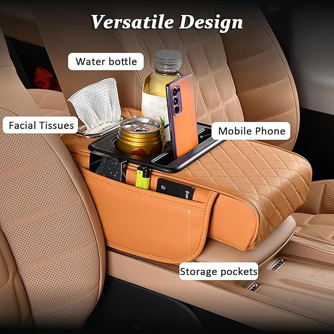 Car Armrest Pad for Toyota RAV4 XA50 RAV 4 2019-2024, PU Leather 5-in-1 Armrest Storage Box Center Console Cover Armrest Cushion Arm Rest Cushion Pads with Cup Holders and Tissue Box