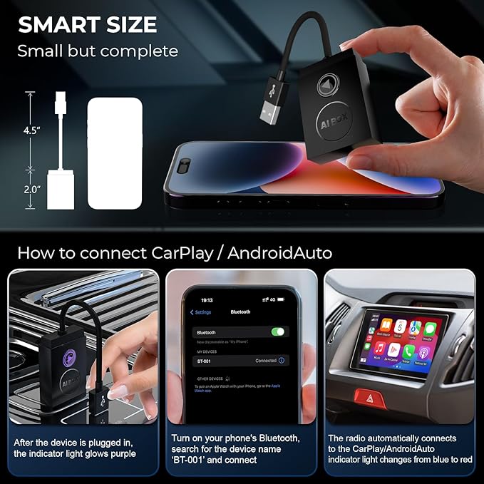 Wireless CarPlay Adapter for iPhone/Android - Plug & Play, Fast Bluetooth 5.3, Auto-Connect for Built-in Wired CarPlay Cars, iOS 10+/Android 11+ (Black)