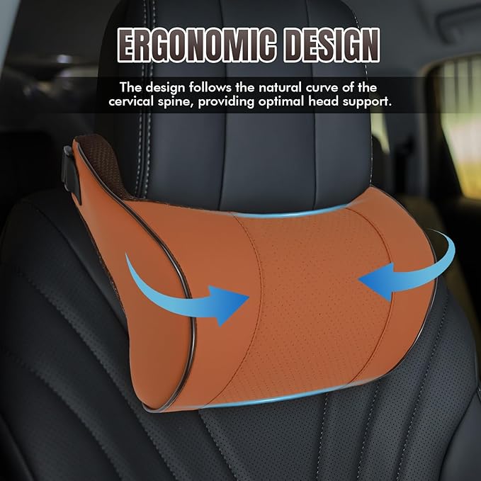 Car Neck Pillow with Memory Foam, Soft Comfortable Headrest Pillow for Driving, Ergonomic Design, Auto Seat Neck Support Pillows Head Rest Cushion with Breathable Leather Cover (Brown)