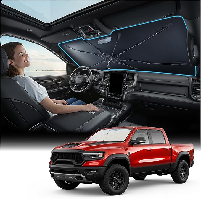 Windshield Sun Shade Umbrella for Ram - [Vinyl Coating Heat Shield] Protect Car from Sun Rays & Heat Damage Keep Cool and Protect Interior, Spring Structure Edge