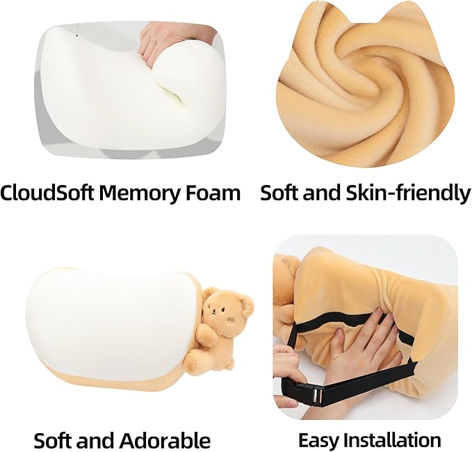 Car Headrest Pillow 2PCS Plush Bear ＆ Bunny Car Seat Headrest Pillow - Memory Foam Neck Support Cushions for Comfortable Driving, Easy Install & Washable (Brown)