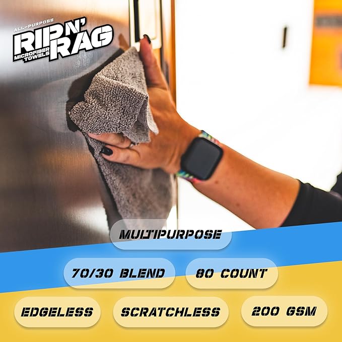 The Rag Company - Rip N' Rag Multi-Purpose Reusable Microfiber Towels for Home, Office, Garage, RV and More - 80 Count Roll - Premium 70/30 Blend - 200gsm