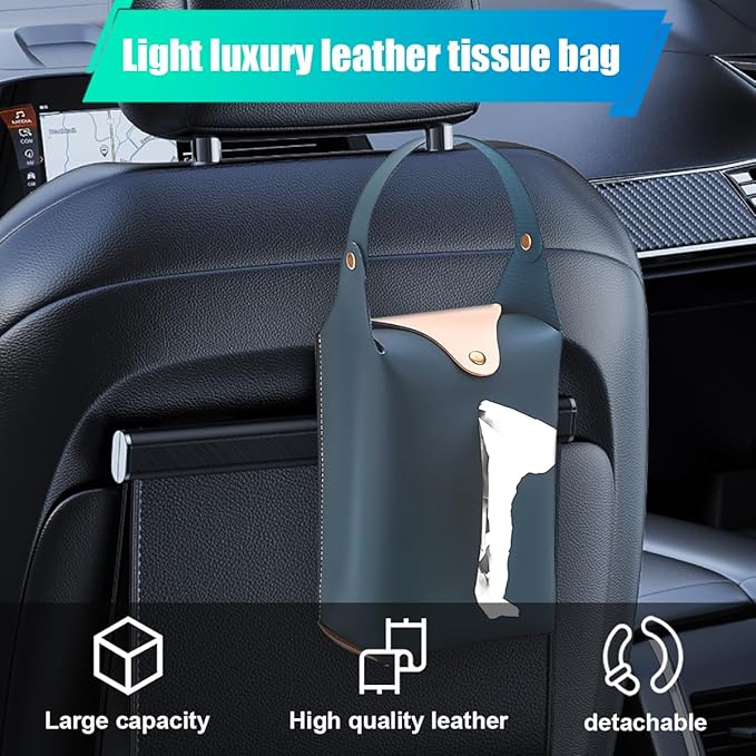 Car Tissue Holder, Large Car Headrest Hanging Tissue Box Cover, PU Leather Auto Napkin Holder, Universal Vehicle Backseat Paper Organizer for Cars Sun Visor (Blue)