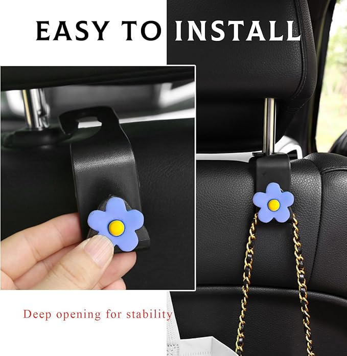 4 PCS Car Seat Headrest Hook, Plastic Headrest Hooks with Adhesive Flower, Auto Back Seat Hanger Storage Hook for Grocery Bag Purse Handbag Umbrella, Car Accessories (Blue)