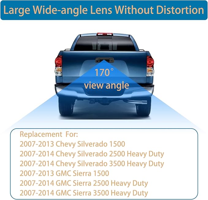 Back Up Camera, w/ Tailgate Handle, Compatible with 2007-2014 Chevy Silverado GMC Sierra 1500 2500 3500, w/ Keyhole, 170° Viewing Angle, Rear View Camera, Reverse Camera, Backup Camera Kit, Waterproof