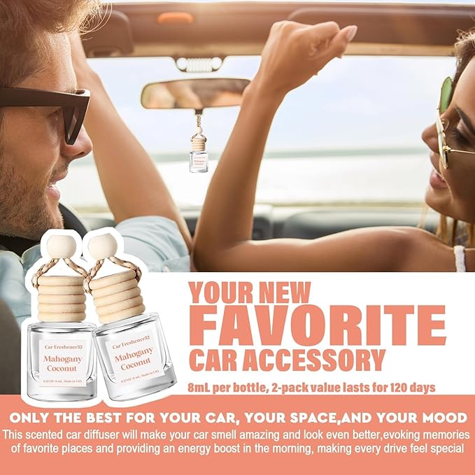 C Classy Hanging Car Air Freshener 2 Pack, Mahogany Coconut Essential Oil Diffuser, Long-Lasting Fragrance, Cute Glass Bottle Car Accessories for Women & Men, Made in USA