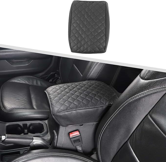 Jimen for JL Armrest Cover, Leather Auto Center Console Cover Arm Rest Cushion Pad Compatible with Jeep Wrangler JL JLU & Jeep Gladiator JT 2018-2024 (Black)