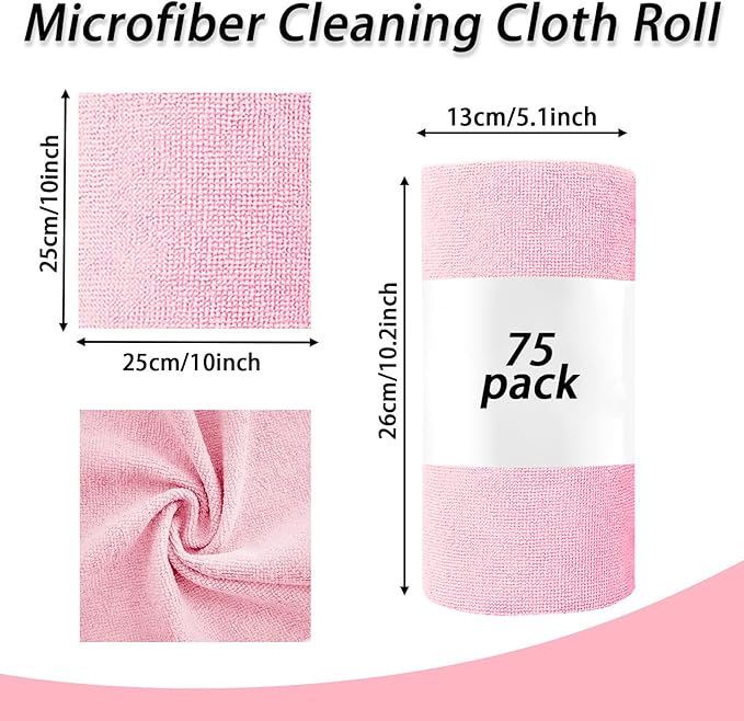 Niurewan Microfiber Cleaning Cloth Roll,75 Pack Reusable Tear Away Microfiber Towels,Ultra Absorbent Dish Rags for Car,Home,Garage or Shop (Pink)
