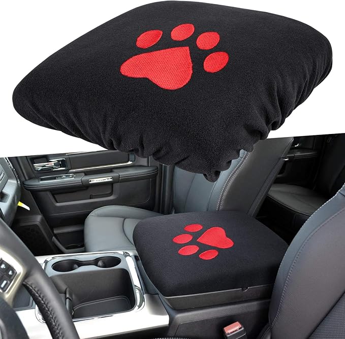 Center Console Armrest Pad Cover for Dodge Ram 1500 2500 3500 4500 5500 Pickup Truck 1993-2023 Black Soft Car Armrest Seat Box Protector Cushion Interior Accessories All Weather (Red Dog Paw)