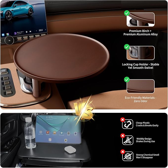 Car Tray & Car Desk for Laptop, 360° Rotating Wood Cup Holder Table, Steering Wheel Tray, Car Accessories for Women & Men,Compatible with Tesla Model Y/3/S, Ford F150/Explorer/Maverick & Most Vehicles