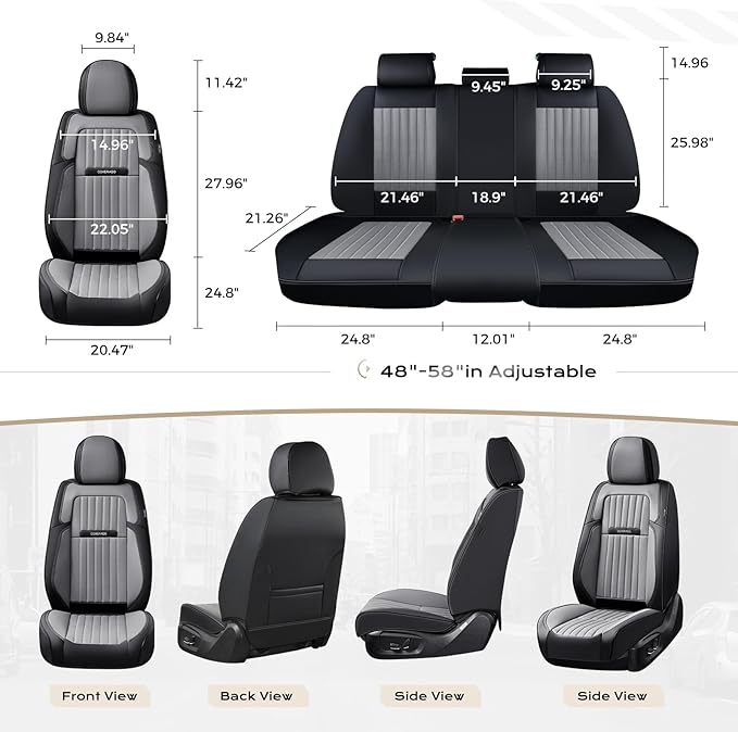 Coverado Car Seat Covers Full Set, Seat Covers for Cars, Car Seat Cover, Car Seat Protector, Leather Car Seat Cushion, Waterproof Car Seat Covers Front Seats and Back Fit for Most Cars(Black&Gray)