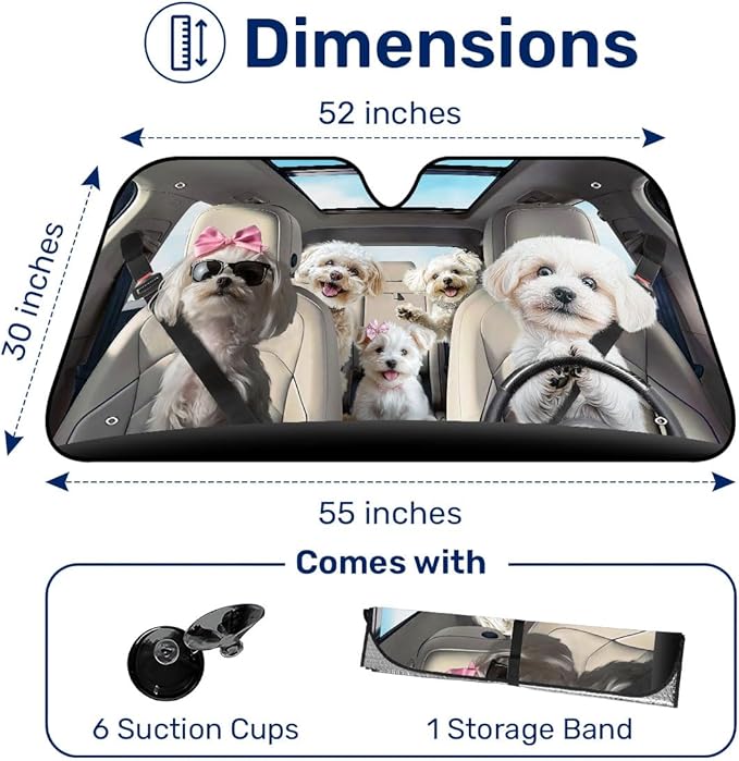 GENANY Cute Maltese Dog Family Funny Windshield Sun Shade for Car SUV Truck (55x30 Inches), Sun Shade Windshield, Shades for Front Windows, Protector Blocks UV, Car Decor