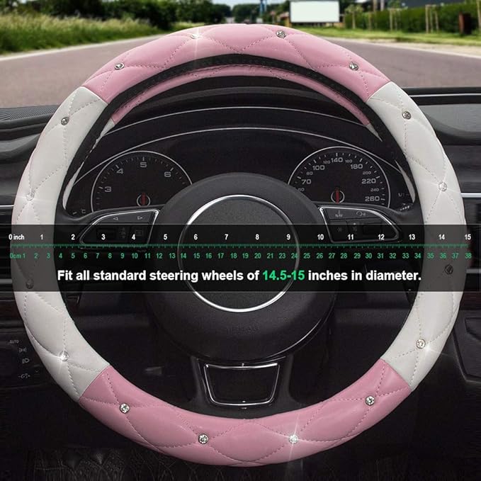 Xizopucy White Pink Steering Wheel Cover, Anti-Slip Steering Wheel Protector with Crystal Rhinestones Microfiber Leather, Steering Wheel Cover for Women and Girl Fit 14.5-15 inch